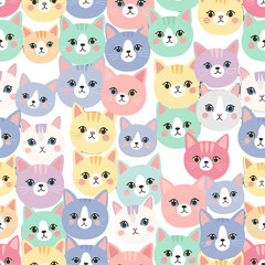 Colorful pattern of illustrated cat faces in various styles and expressions, suitable for textiles