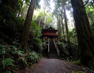 Fototapeta premium Wooden shrine nestled in a dense forest