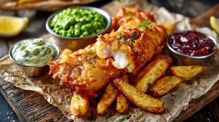 Crispy fish and chips served with peas and sauces on a rustic wooden table setting