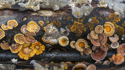 Fungos coloridos em tronco em decomposi&ccedil;&atilde;o