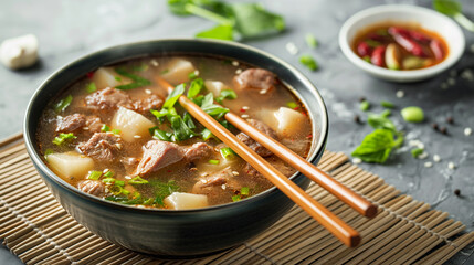 Tigela de sopa com carne e legumes