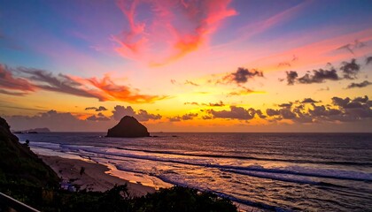 A vibrant sunset over a tranquil ocean scene