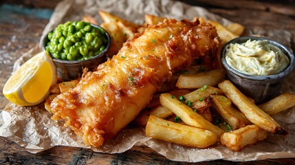 Crispy battered fish fillet served with golden fries, tartar sauce, and green peas on rustic wood