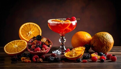 Colorful cocktail garnished with fresh fruit and candied pieces