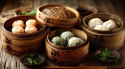 A beautifully arranged selection of dim sum in bamboo steamers on a rustic wooden table