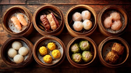 A vibrant assortment of dim sum dishes presented in bamboo steamers on a rustic wooden table