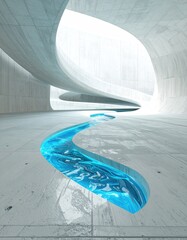 Abstract, light-filled, concrete architectural interior featuring embedded, translucent blue pools
