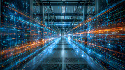 Data center corridor showing futuristic data flow and processing power