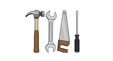 Collection of common hand tools including a hammer, wrench, saw, and screwdriver isolated on transparent background