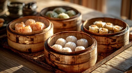 A vibrant display of assorted dim sum in bamboo steamers on a rustic wooden table