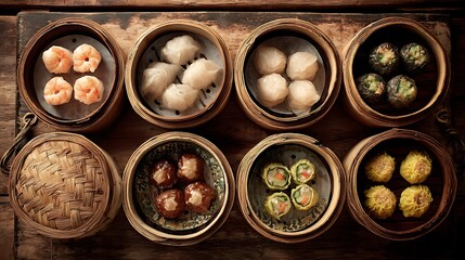An assortment of dim sum in bamboo steamers arranged on a rustic wooden table, showcasing vibrant colors