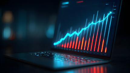 Stock market chart showing growth on laptop screen in a dark environment