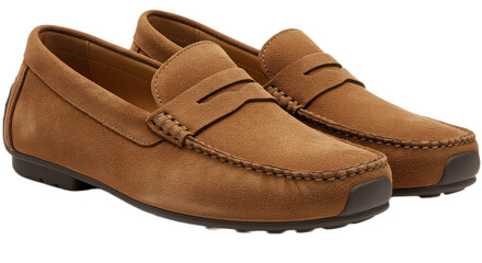 Pair of brown suede penny loafers isolated on transparent background, a classic and comfortable footwear choice for men