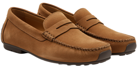 Pair of brown suede penny loafers isolated on transparent background, a classic and comfortable footwear choice for men