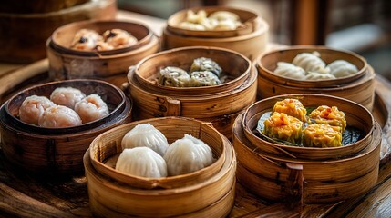 Assorted dim sum served in bamboo steamers on a wooden table in a vibrant restaurant setting