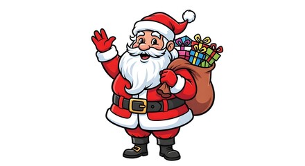 Obraz premium Jolly Santa Claus Waving and Carrying a Sack of Gifts