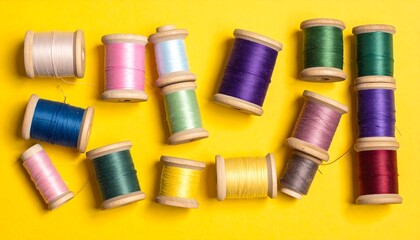 Colorful spools of thread on a yellow background (1)