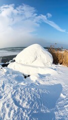 Snowy coastal landscape with a large snowdrift