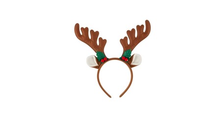 Festive brown reindeer antler headband with holly details isolated on white