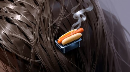 Hot Dog Hair, Tiny Grill Art, Hair Fun Design, Unexpected Cookout Photo, Whimsical Hair Moment