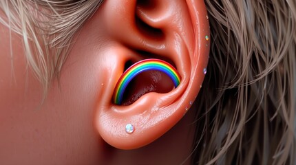 Rainbow Ear Fun, Tiny Arc Art, Ear Fun Design, Unexpected Colors Photo, Whimsical Ear Moment