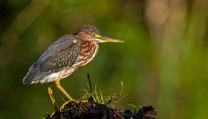 A perched green heron in soft light