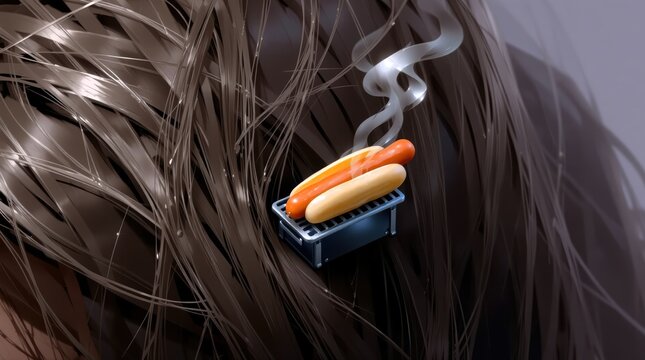 Hot Dog Hair, Tiny Grill Art, Hair Fun Design, Unexpected Cookout Photo, Whimsical Hair Moment