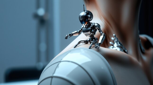 Robot Massage Fun, Tiny Therapist Art, Sci-Fi Relaxation Photo, Funny Robot Moment, Unexpected Massage Design