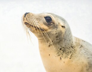 Close-up of a young sea lion's head, looking upward against a bright background