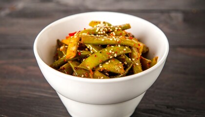 Green beans tossed in a savory sauce