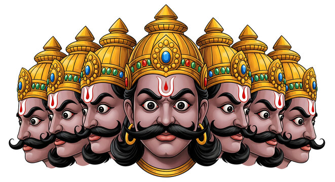Illustration of Ravana with ten heads wearing golden crown, powerful demon king from Hindu epic Ramayana, symbol of ego, arrogance, and Dussehra festival, isolated on white background