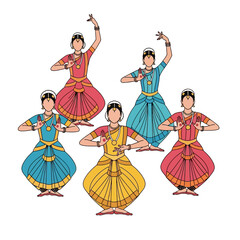 Fototapeta premium Five graceful Indian classical dancers in vibrant attire, performing traditional poses.