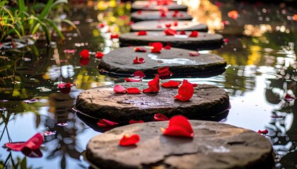 A stone path, strewn with rose petals, across a serene pool