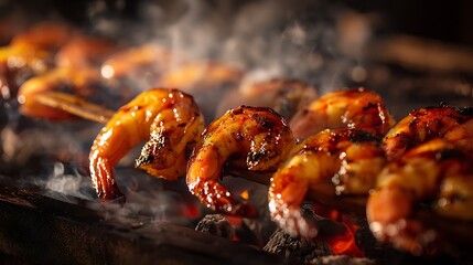 Grilled shrimp skewers sizzling over hot coals, with smoke rising in a vibrant outdoor setting