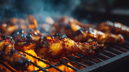 Grilled chicken drumsticks sizzling on a barbecue with smoke rising in a backyard setting