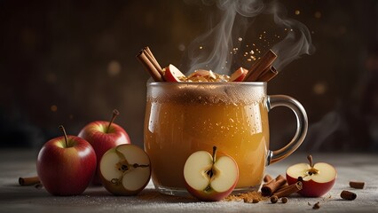 A steaming mug of hot apple cider with cinnamon sticks, surrounded by fresh apples and spices in a magical, warm light. Cozy autumn drink concept