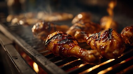 Grilled chicken drumsticks sizzling on a barbecue, surrounded by smoke and glowing embers