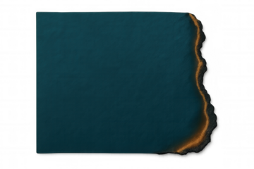 Teal paper sheet with charred right edge against transparent backdrop, representing wildfire environmental impact