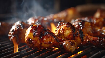 Grilled chicken drumsticks sizzling over an open flame, with smoke rising in a rustic outdoor setting