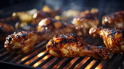 Grilled chicken drumsticks sizzling on a barbecue grill with smoke rising in the background