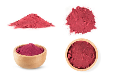 Beetroot powder in wooden bowl isolated on white background.