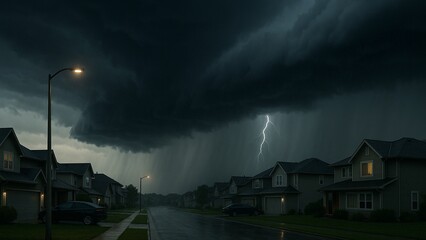 住宅街を覆う黒雲と迫る落雷の脅威描写