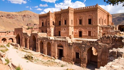 Naklejka premium Ruined terracotta palace in a valley