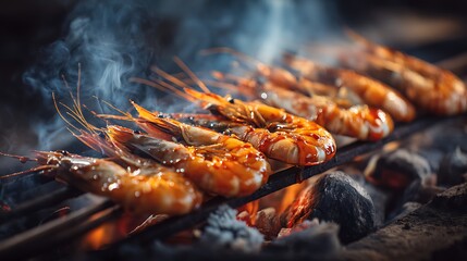 Grilled shrimp skewers sizzling over an open flame, creating a smoky atmosphere outdoors