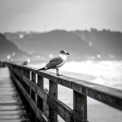 Seagull on pier, grayscale view