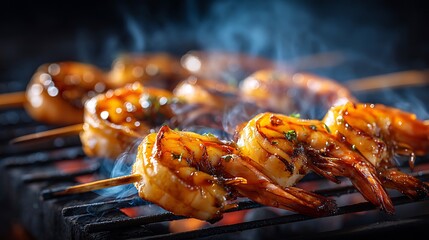 Grilled shrimp skewers sizzling on a barbecue with smoke rising, set against a dark background