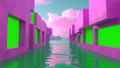 Pink, geometric buildings on water with green screens