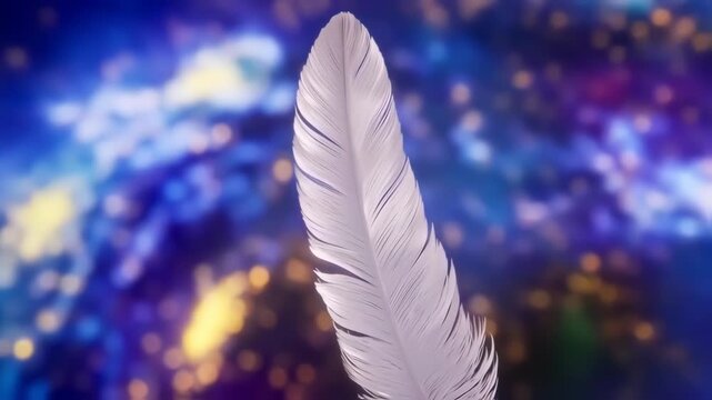A single, white feather stands out against a soft, blurred backdrop of vibrant purples and blues, speckled with glowing lights