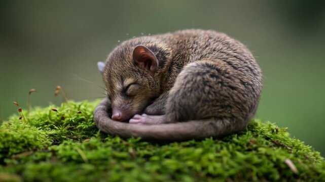 Sleeping Dormouse: Tiny Mammal Curled Up on Moss in Lush Green Forest