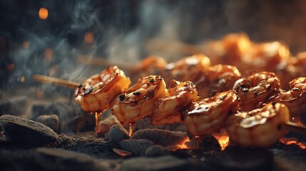 Grilled shrimp skewers sizzling over an open flame, surrounded by smoky ambiance and glowing embers